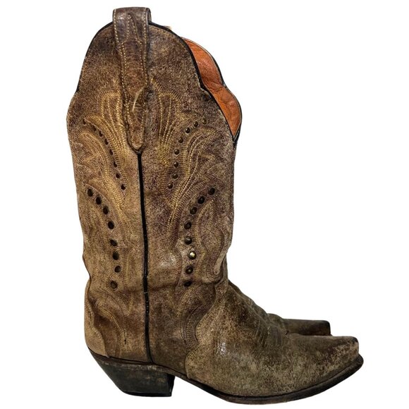 DAN POST Embellished Charisma Studded Leather Cowboy Boots 8 Snip Toe Boho Heel - Picture 5 of 7